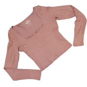 Hollister Soft Pink Lace Trim Square Neck Ribbed Long Sleeve Top